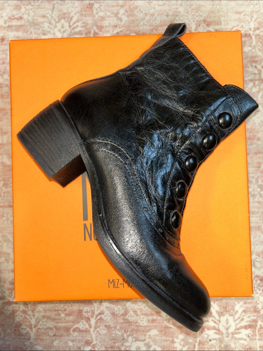 NIB Miz Mooz Black Leather Ankle Button-Trim Boots